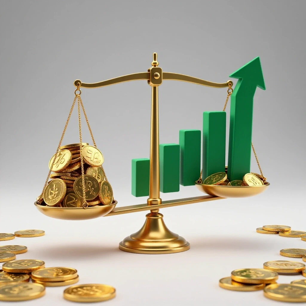 A 3D rendering of a balancing scale with gold coins on one side and a green upward graph on the other, symbolizing ad spend vs profit growth.