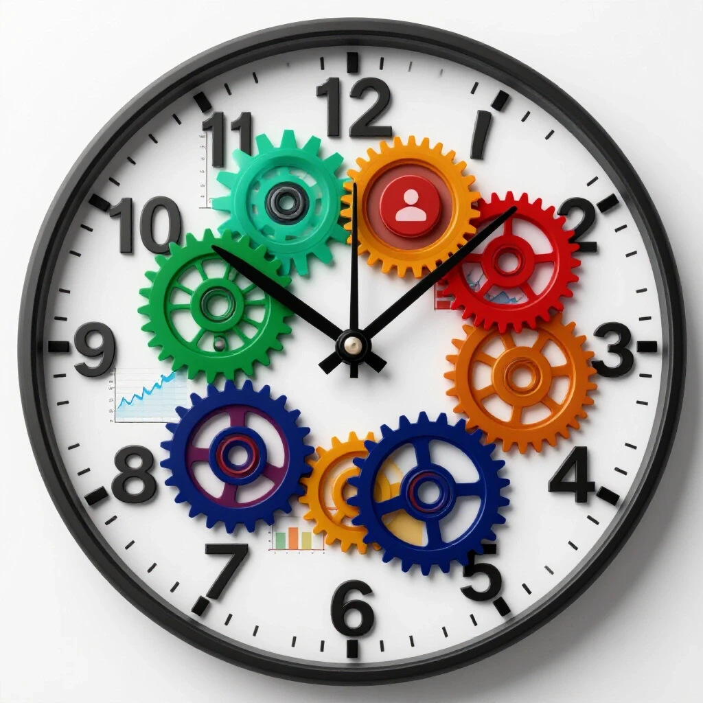 A clock with gears made from data charts indicating the relationship between timing and social media strategies.