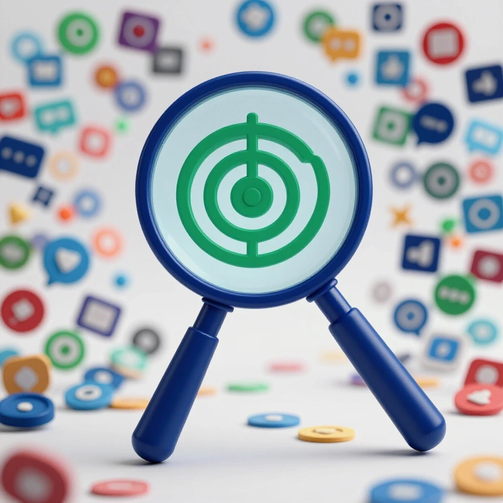 A polished 3D-rendered magnifying glass highlighting a simplified target symbol amid fading social media icons.