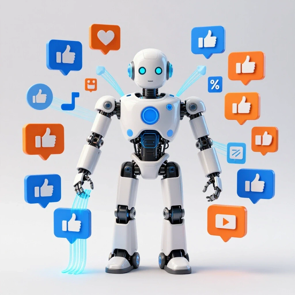 Futuristic robot surrounded by vibrant social media icons, illustrating AI-assisted efficiency.