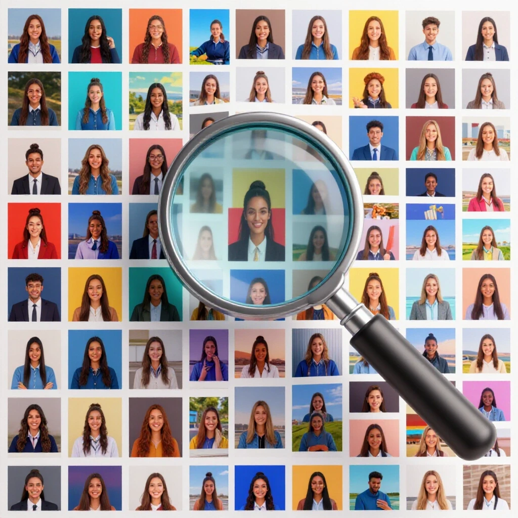Colorful social media feed with small vibrant thumbnails and a magnifying glass highlighting one post.