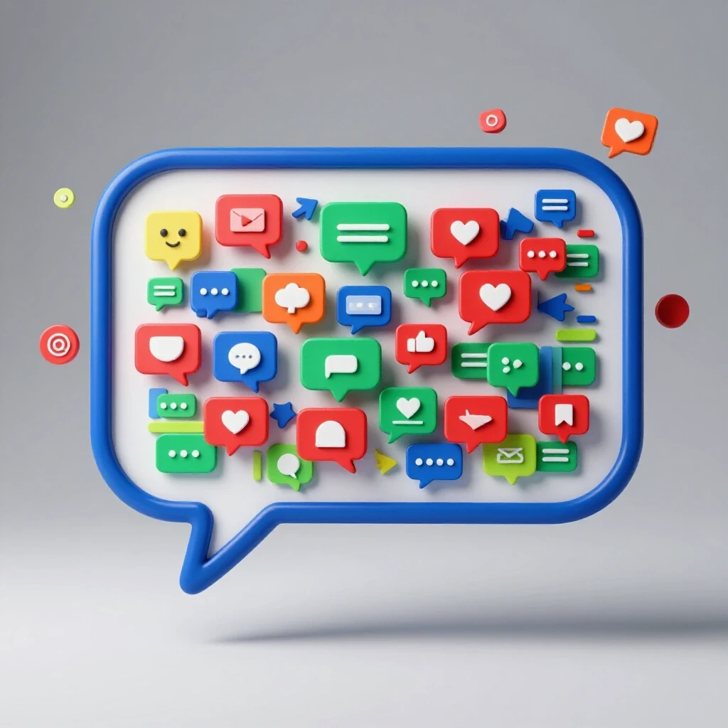 A vibrant 3D speech bubble filled with colorful comments against a backdrop of social media icons, symbolizing engagement.