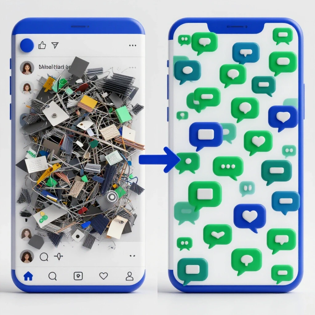 A split-screen image contrasting a cluttered social media feed with few engagement icons against a vibrant feed full of lively interaction icons.