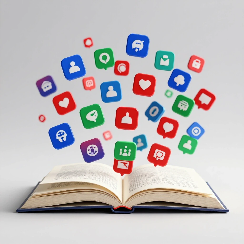 An open book with pages transforming into colorful social media icons, representing learning in marketing.