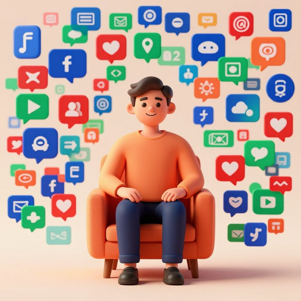 A calm client in a bright space contrasts with a chaotic, colorful social media landscape behind.