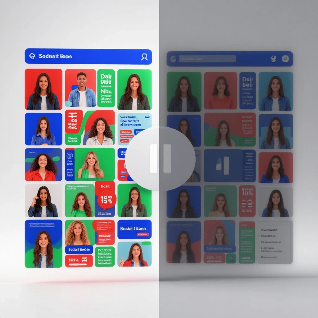 A split scene visual showing a vibrant social media feed on one side and a calm feed with a pause button on the other, symbolizing ad management decisions.