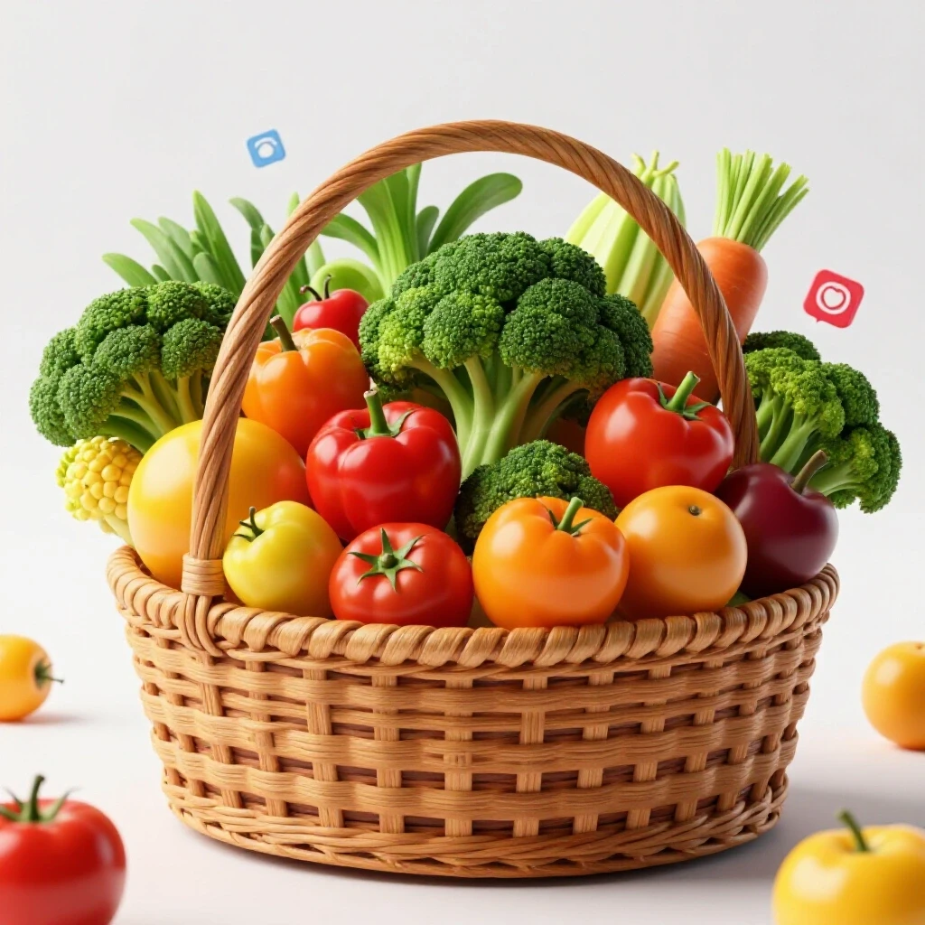 Vibrant basket filled with fresh organic fruits and vegetables, symbolizing organic content and client acquisition.