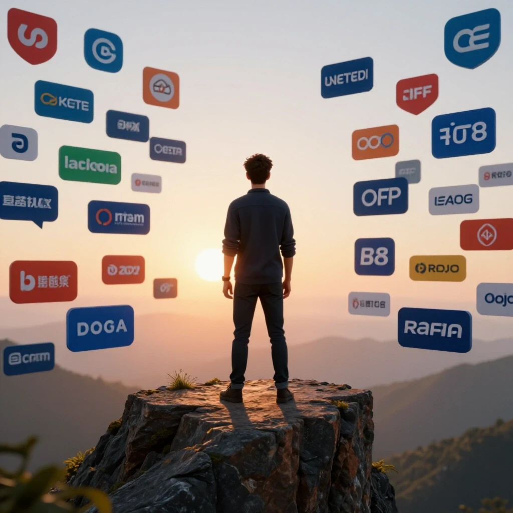 A creator stands confidently on a cliff, overlooking a landscape of floating brand logos with a bright sunrise in the background.