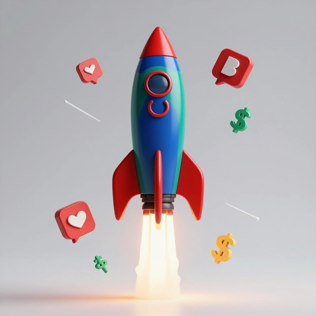 Vibrant 3D-rendered rocket launching with social media icons and dollar signs, symbolizing campaign growth.