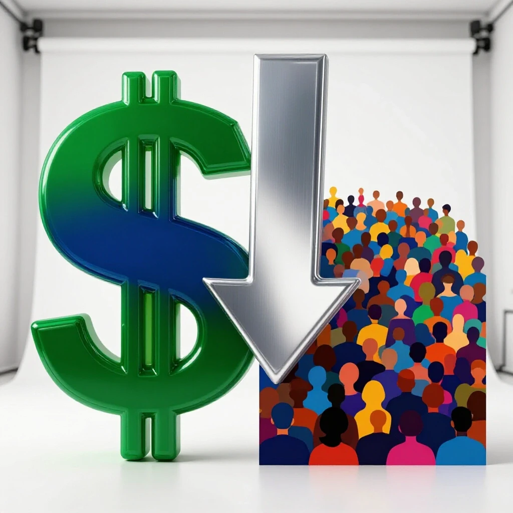 Creative split-image showing a dollar sign with downward arrow and a colorful audience silhouette, symbolizing effective targeting in ads.