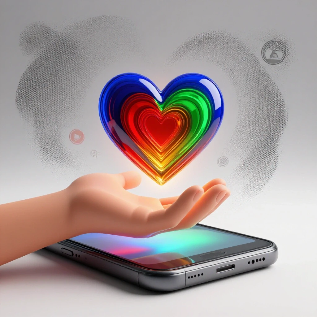 A hand reaching towards a glowing heart symbol from a smartphone, symbolizing digital donations.