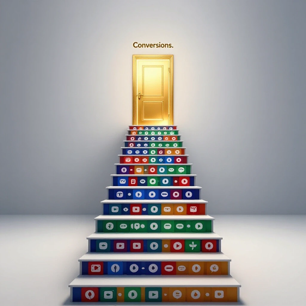 Colorful social media icon staircase leading to a glowing door labeled 'Conversions' against a bright background.