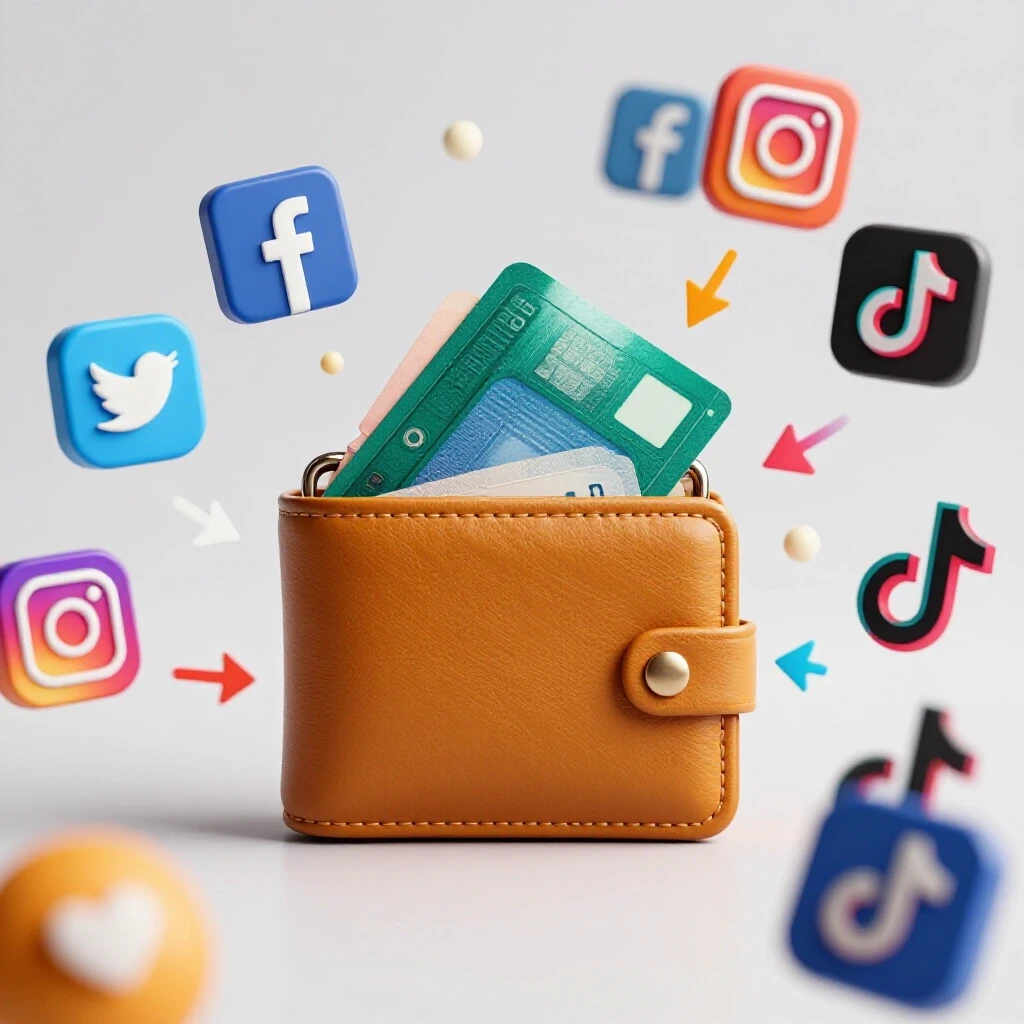 A vibrant wallet overflowing with cash, surrounded by social media icons and arrows, symbolizing profitable ad campaigns.