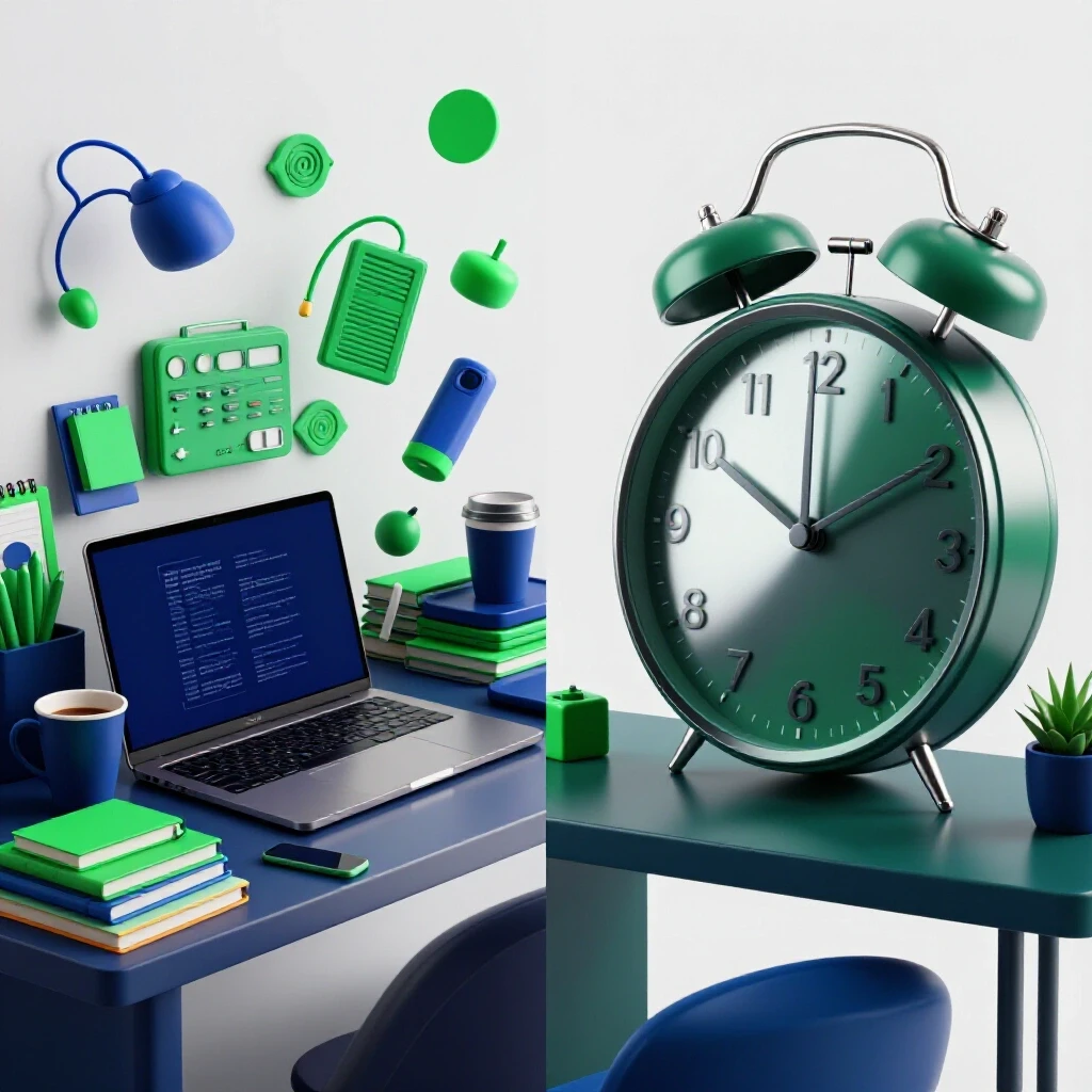 A split image showing a chaotic freelance workspace on one side and an organized desk with a clock on the other, representing the balance between freelancing and branding.