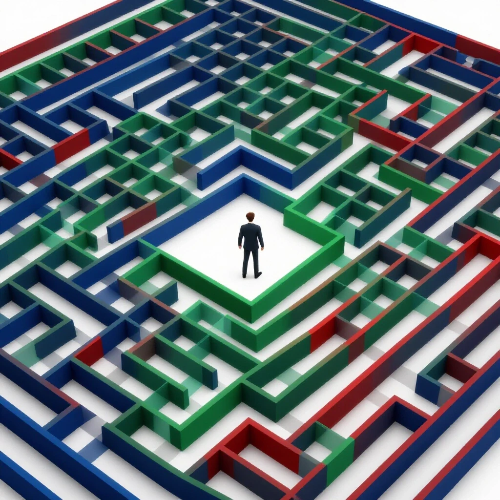 A small figure stands at the entrance of a complex maze representing a social media network, set against a bright background.