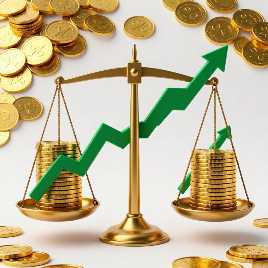 A balanced scale with gold coins and a rising green graph symbolizes Social Ad ROI management during price increases.