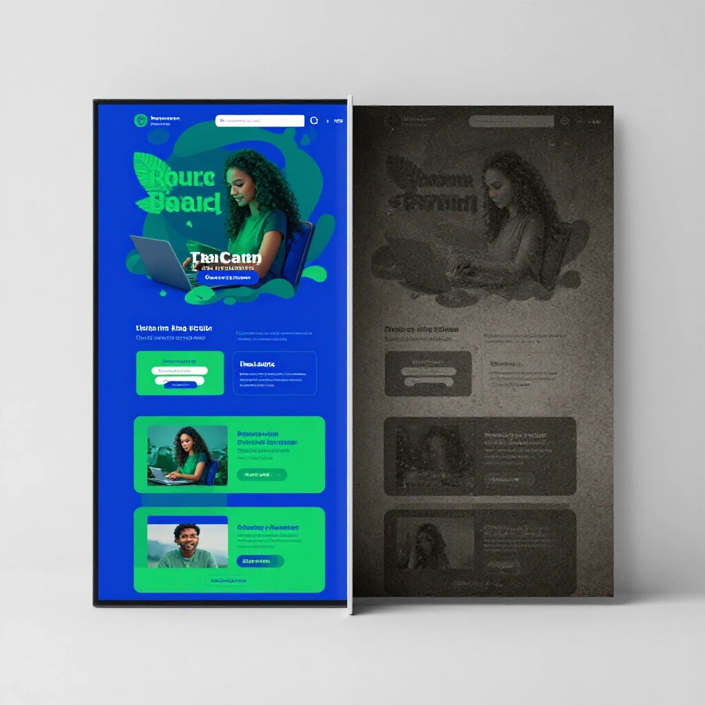 A split-screen image contrasting a vibrant landing page with a dull ad copy, emphasizing design effectiveness.