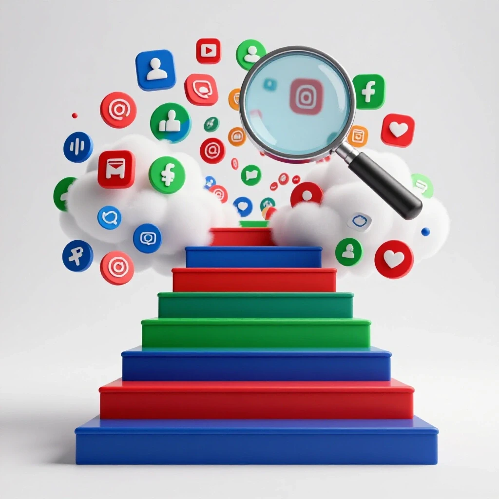 A vibrant staircase ascends through a cloud of social media icons with a magnifying glass above, symbolizing brand growth analysis.