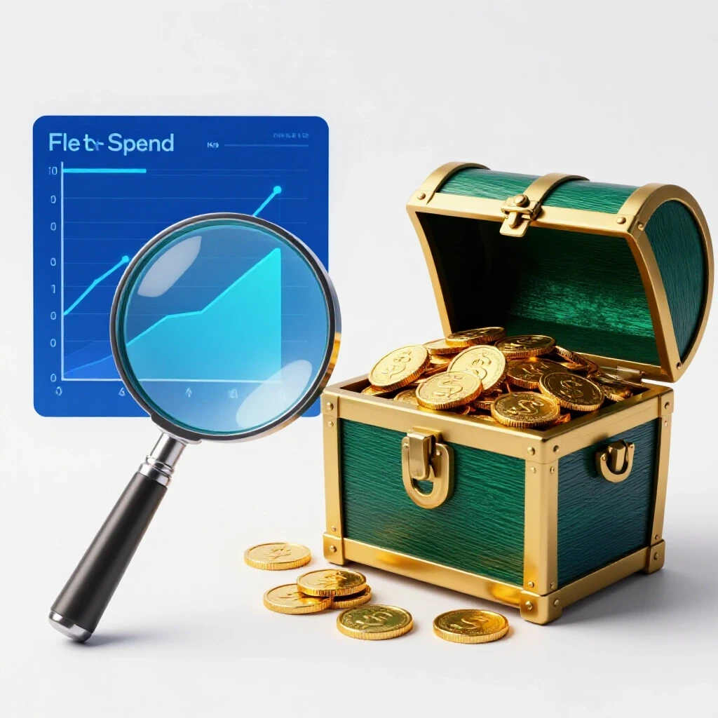 A split-screen image showing a magnifying glass on a digital ad graph and a treasure chest filled with coins, symbolizing cost per result evaluation.