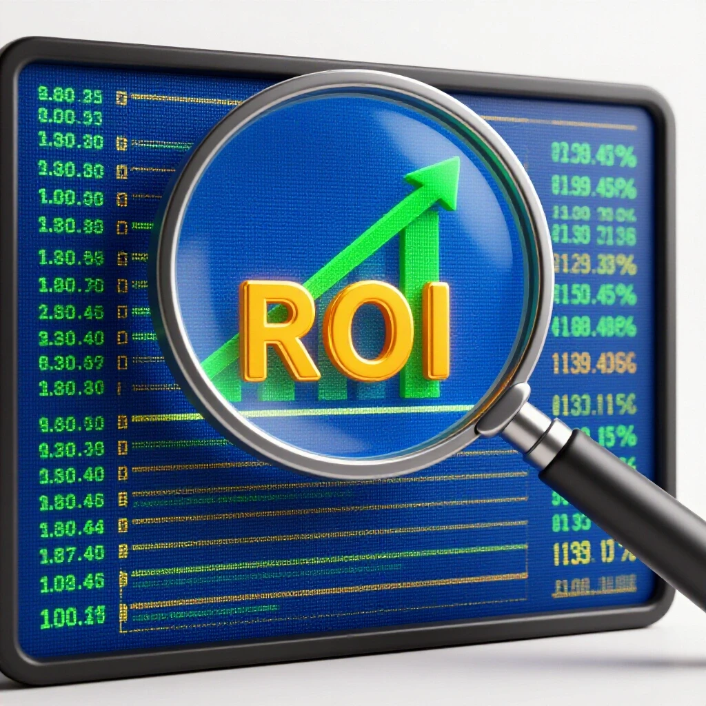 A magnifying glass focusing on a vibrant digital ad display with an upward-trending graph symbolizing ad ROI measurement.