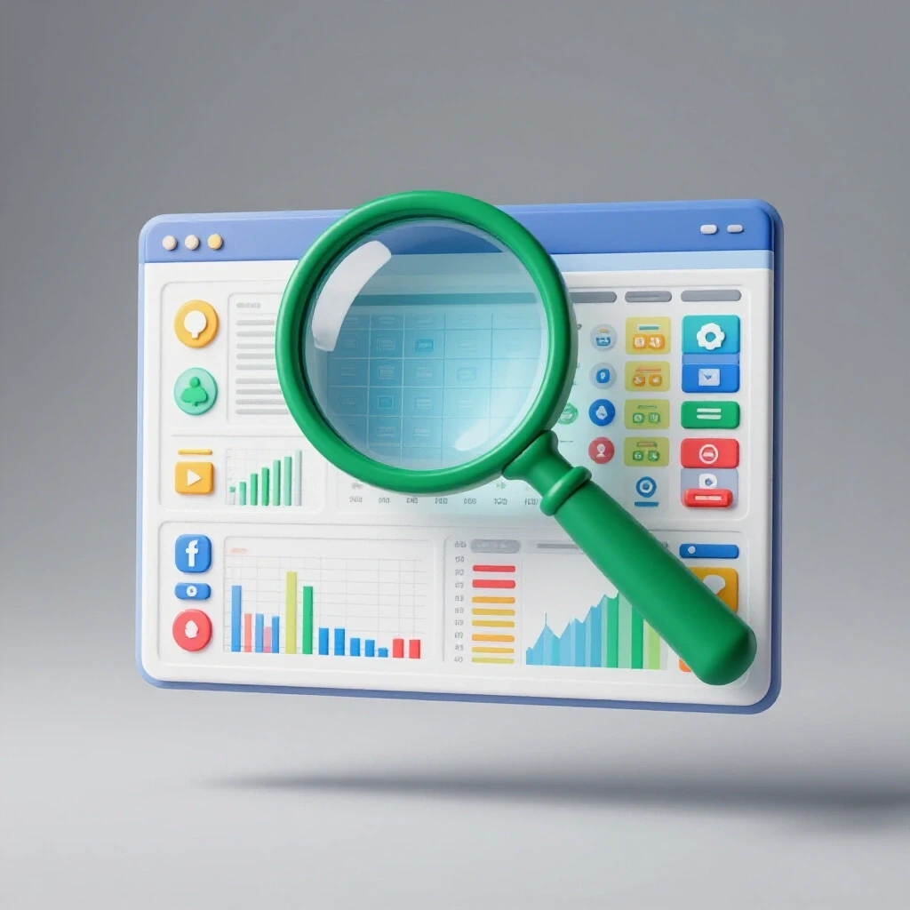 A magnifying glass over a colorful social media dashboard with graphs and icons, symbolizing brand monitoring.
