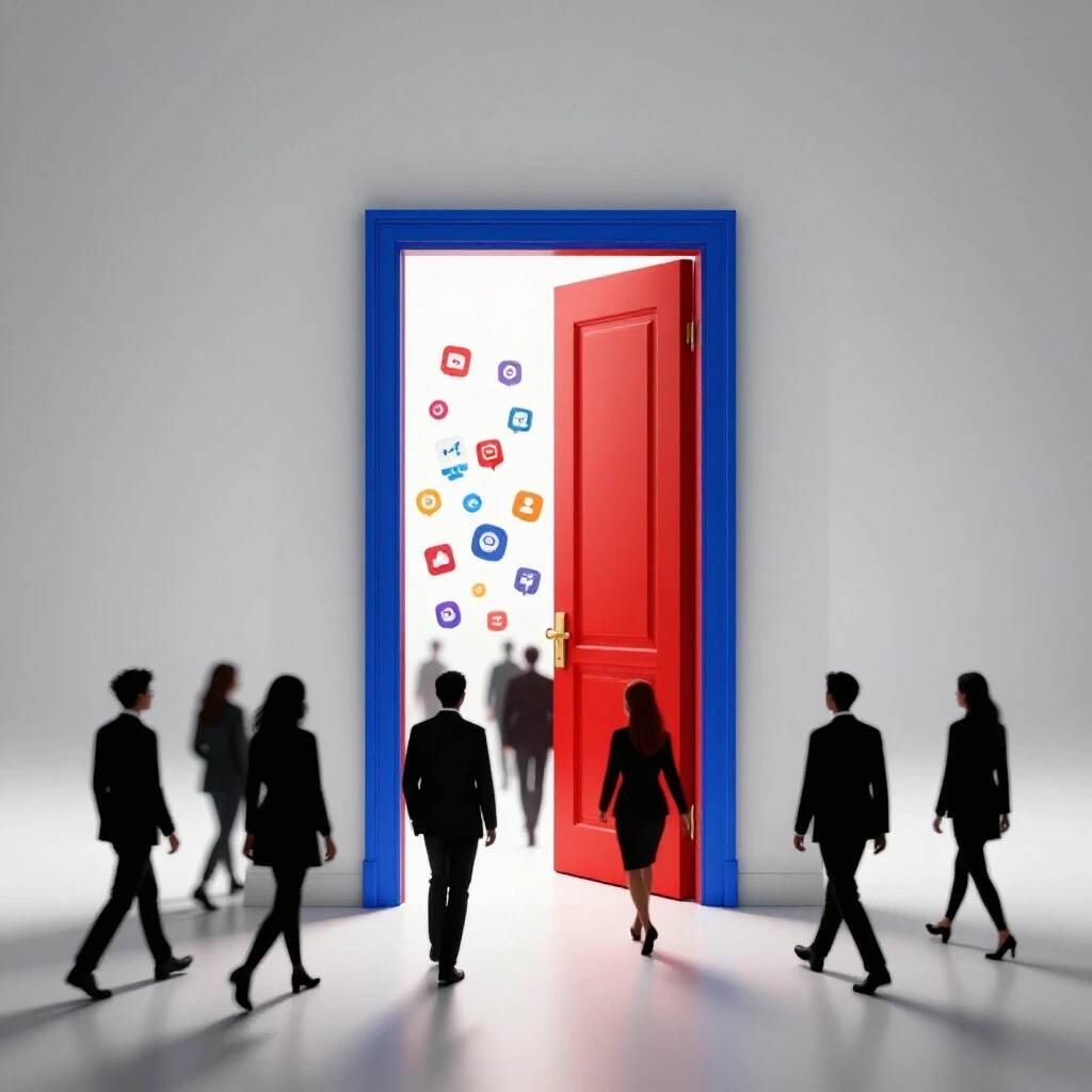 A vibrant illustration of an open door with silhouetted figures transitioning, leaving behind colorful social media icons.