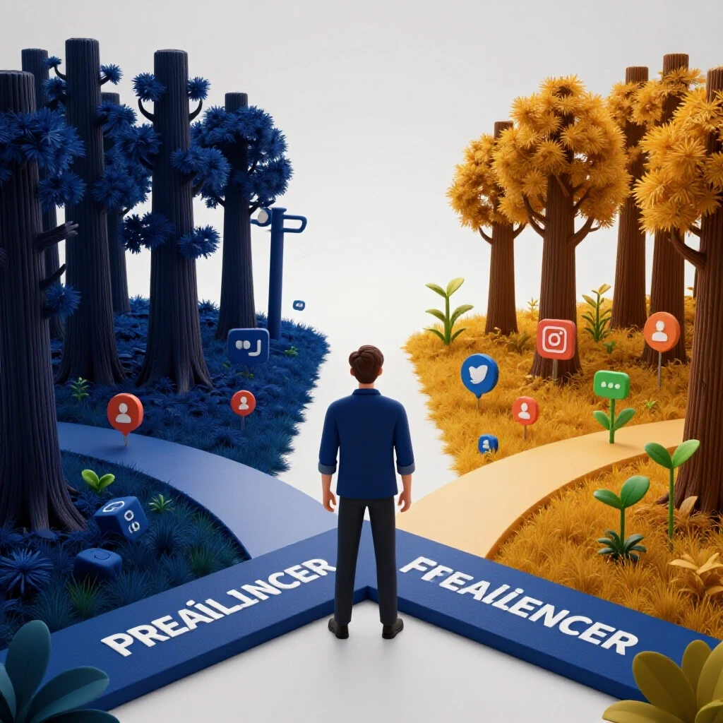 A freelancer at a crossroads, facing challenges on one path and a bright, vibrant social media landscape on the other.