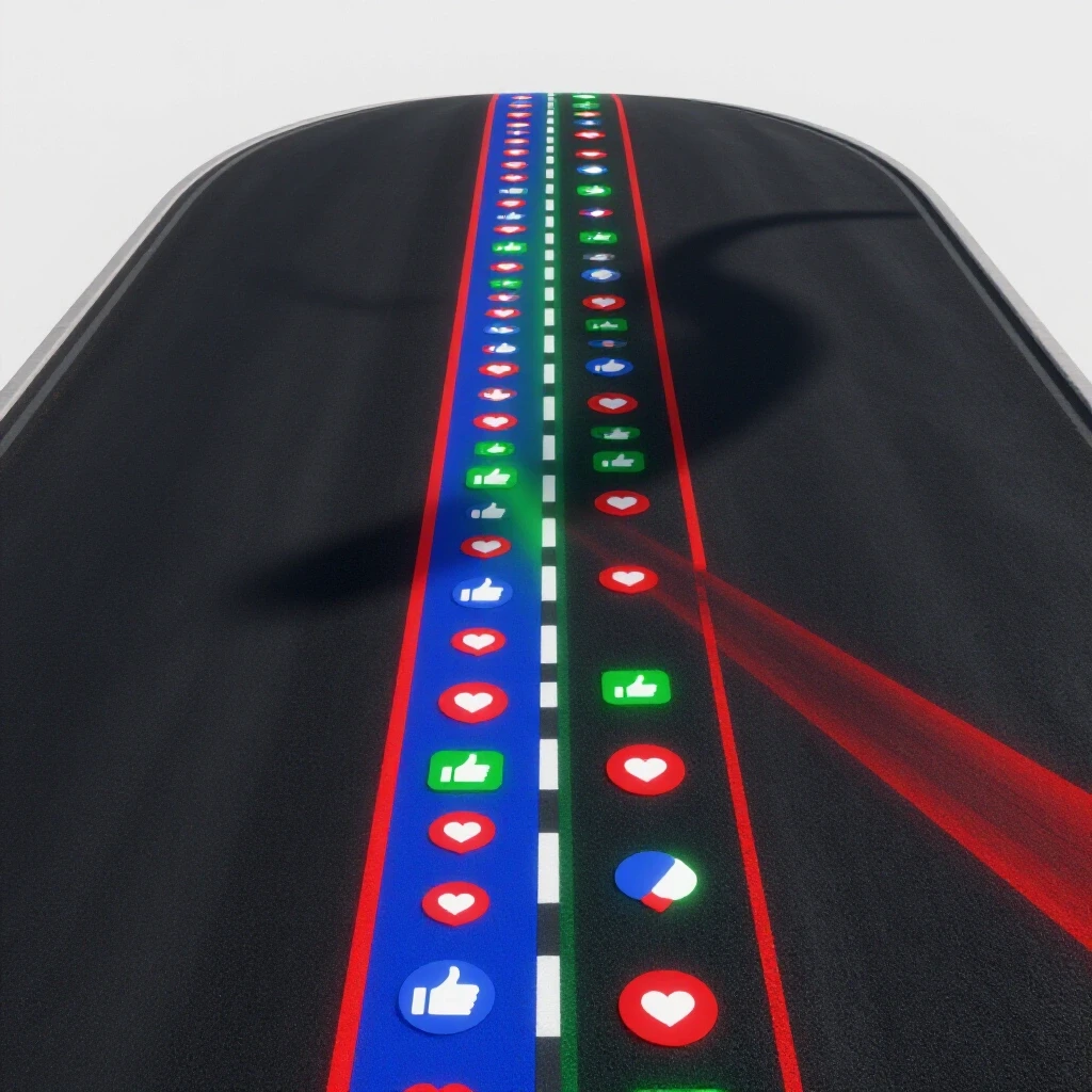 A split road depicting a vibrant social media landscape with engagement symbols on one side and a dark shadowy path on the other.