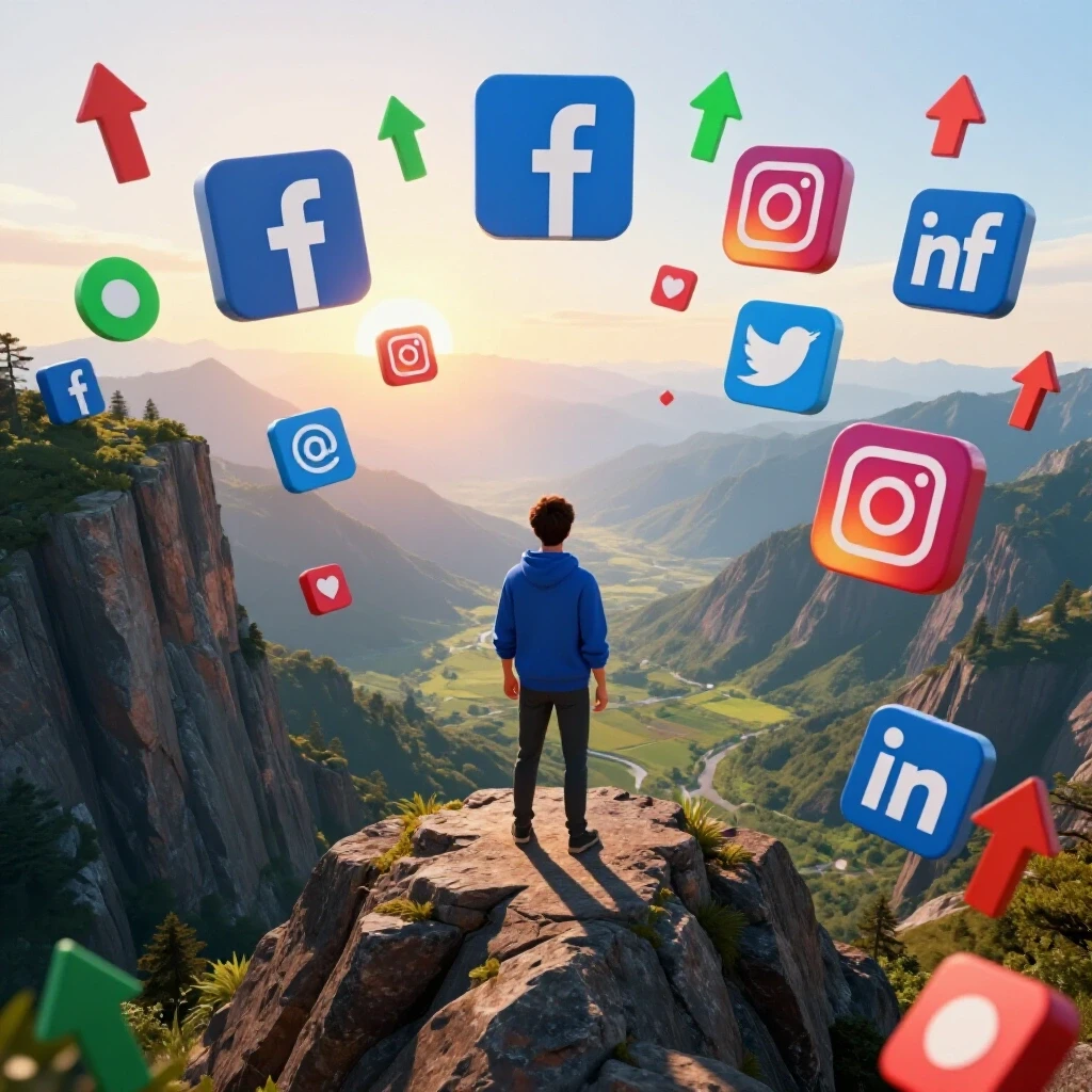 A 3D-rendered scene of a person on a mountain peak overlooking vibrant social media icons, symbolizing growth and opportunity.