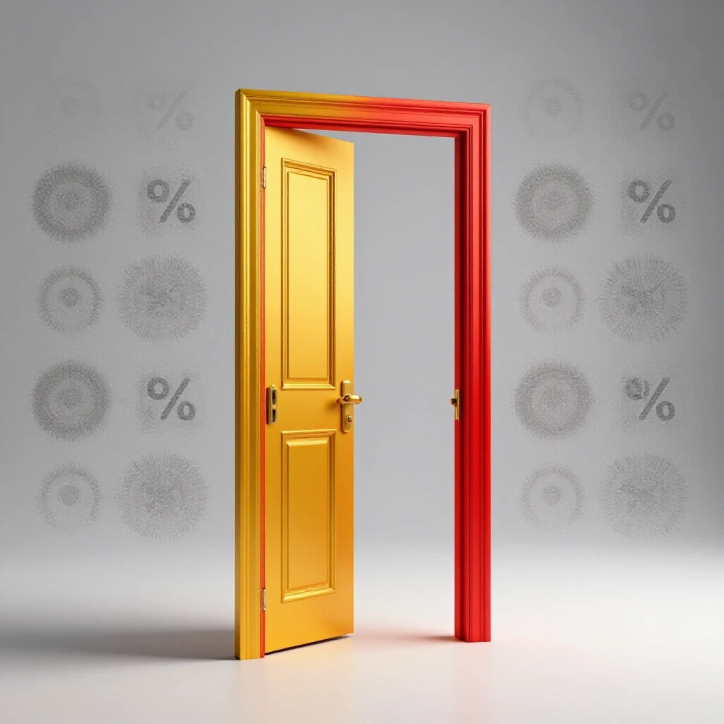 A bright studio image featuring a large, open door symbolizing opportunity, inviting viewers in with vibrant colors.