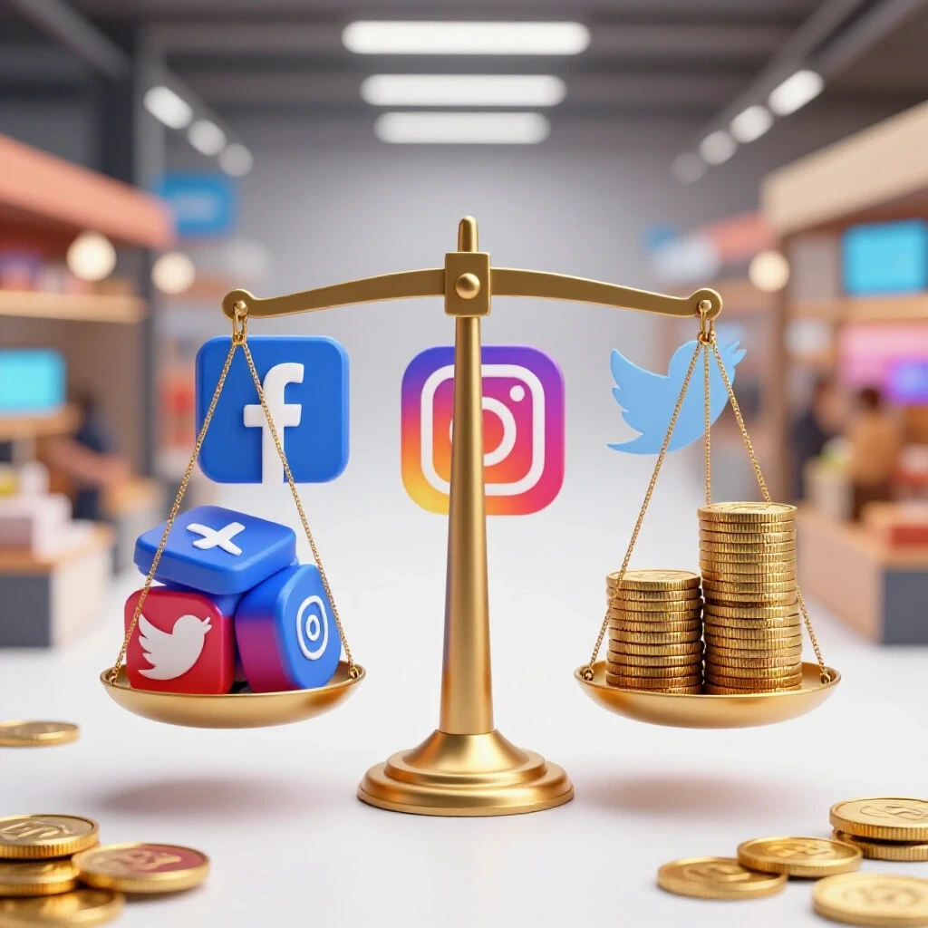 A balanced scale with social media icons and stacks of coins, representing the value of social media consultancy.