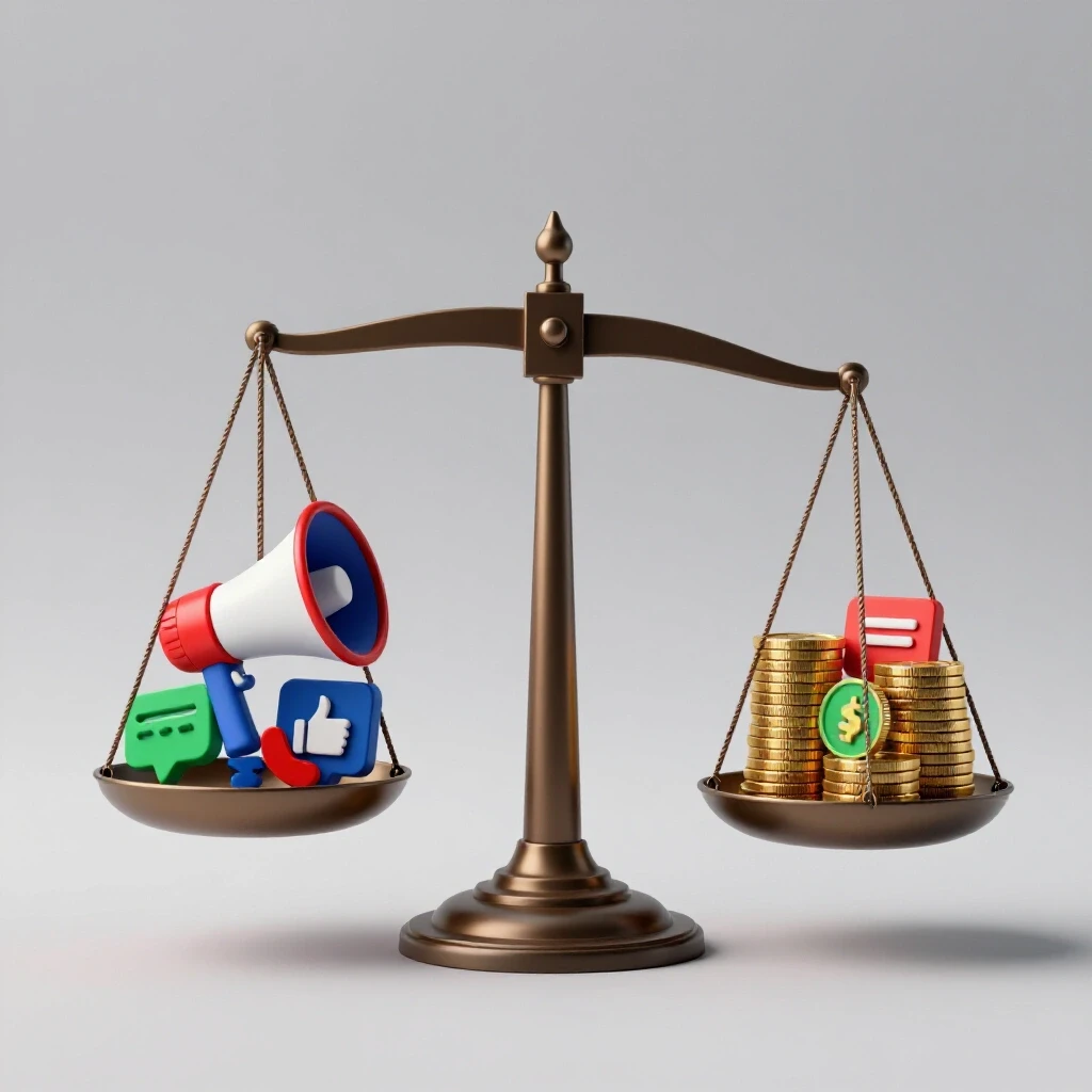 A balanced scale with colorful social media icons on one side and stacks of gold coins on the other, highlighting value and pricing.