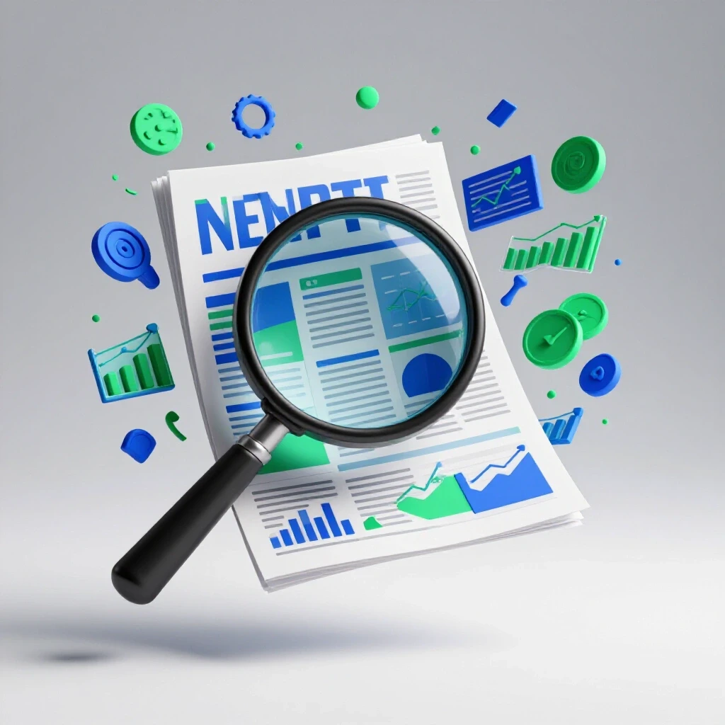 A magnifying glass over a colorful newsletter with digital graphs and analytics cascading around it, representing data tracking.