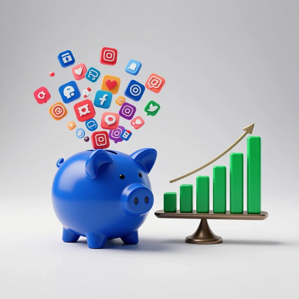 An overflowing piggy bank spilling social media icons on one side and a balanced bar graph on the other side, symbolizing budget reallocation.