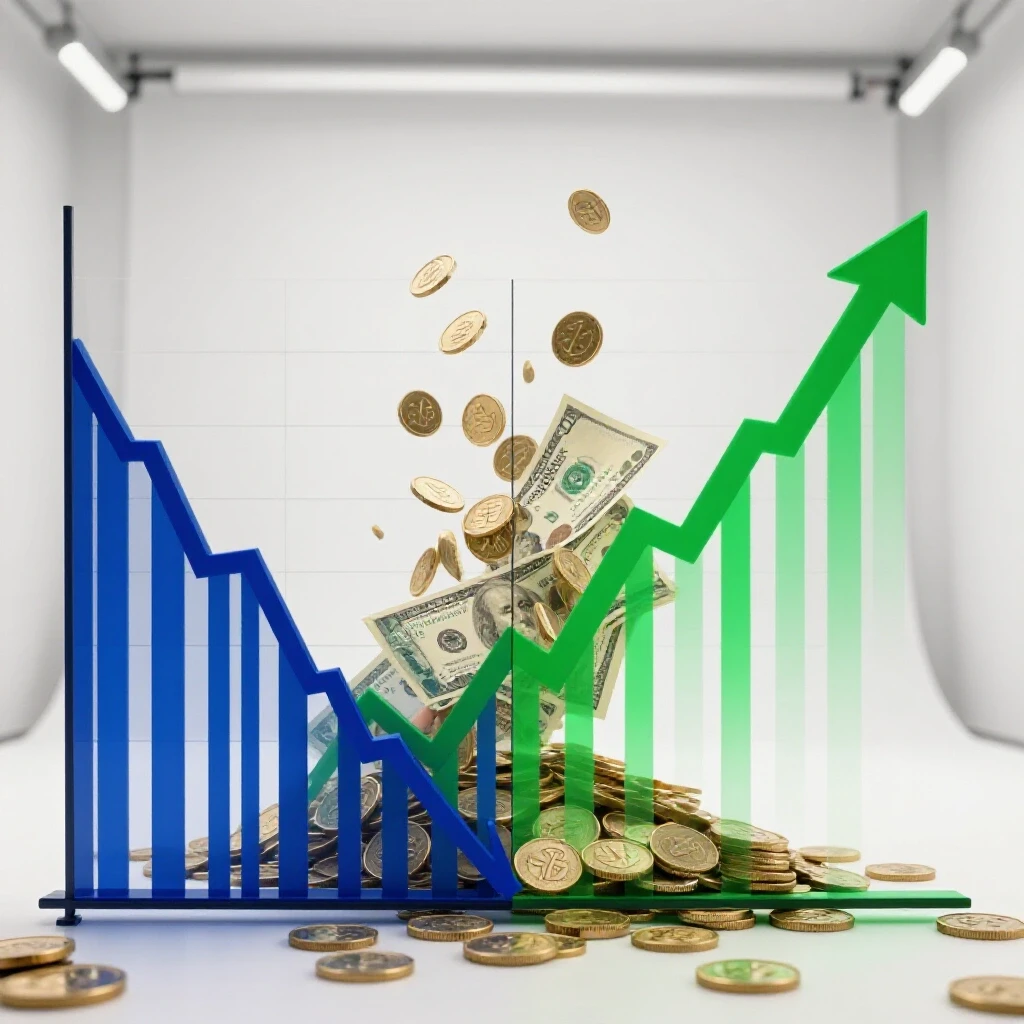 A split-screen image depicting a declining graph and an upward-trending graph with coins and dollar bills.