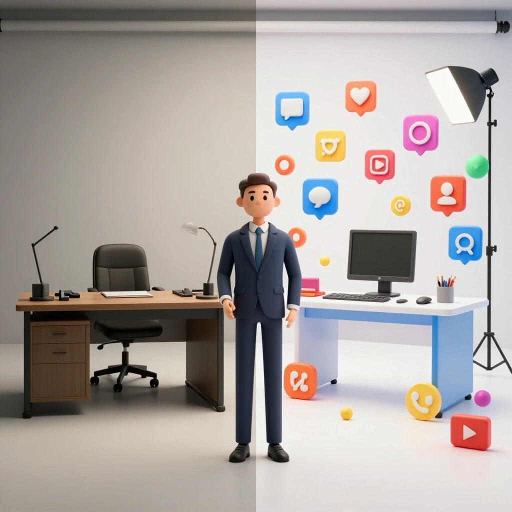 A split-screen showcasing transformation: a bland old workspace versus a vibrant modern social media environment.