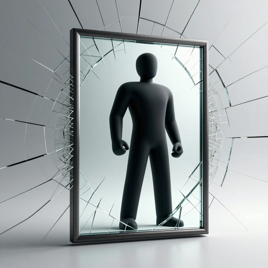 A cracked mirror reflecting a confident abstract figure symbolizing resilience and rebuilding confidence.