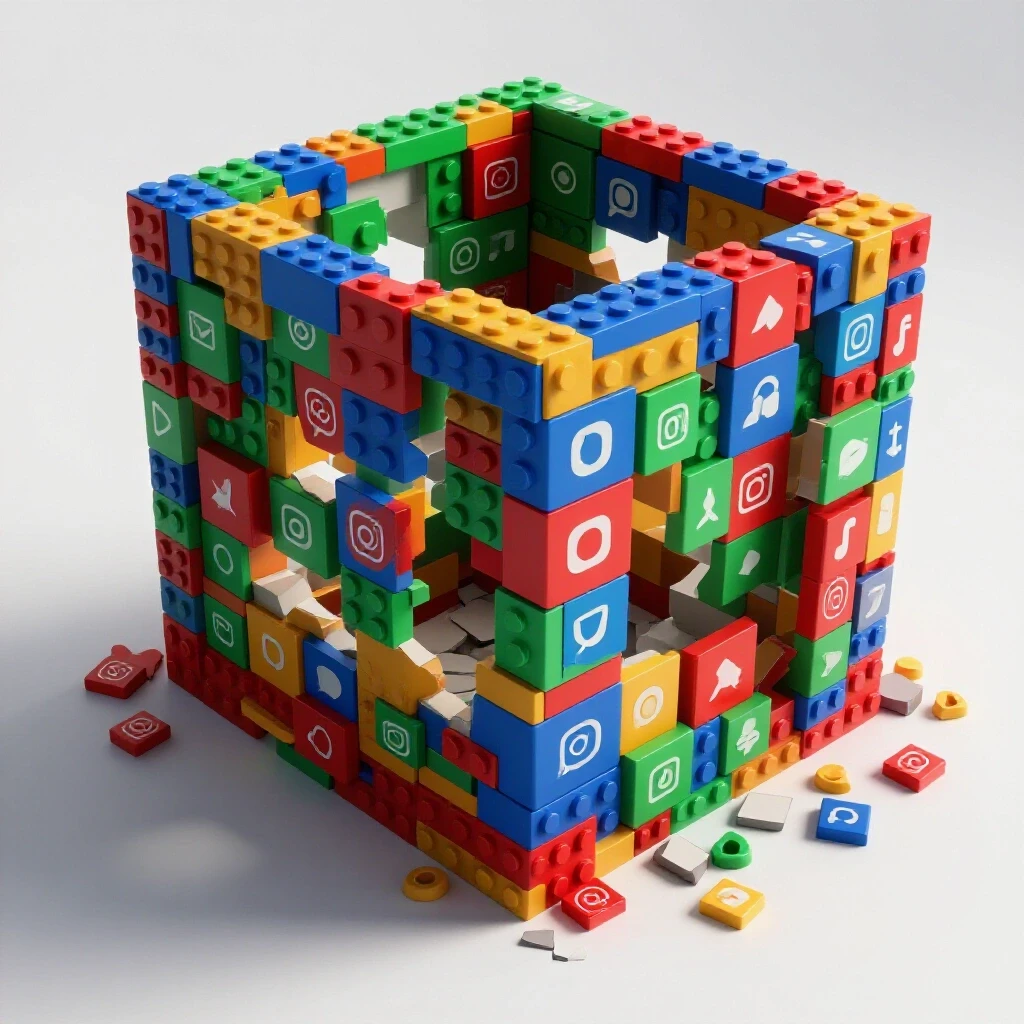 A 3D representation of a crumbling structure being rebuilt with colorful social media icons, symbolizing growth and renewal.