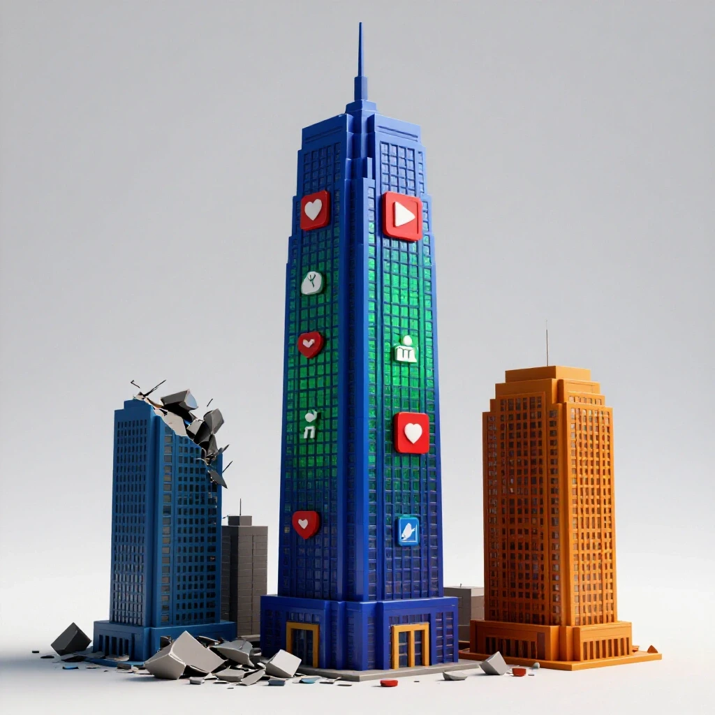 A striking 3D image contrasting a crumbling structure with a vibrant skyscraper of digital icons, symbolizing social media growth.