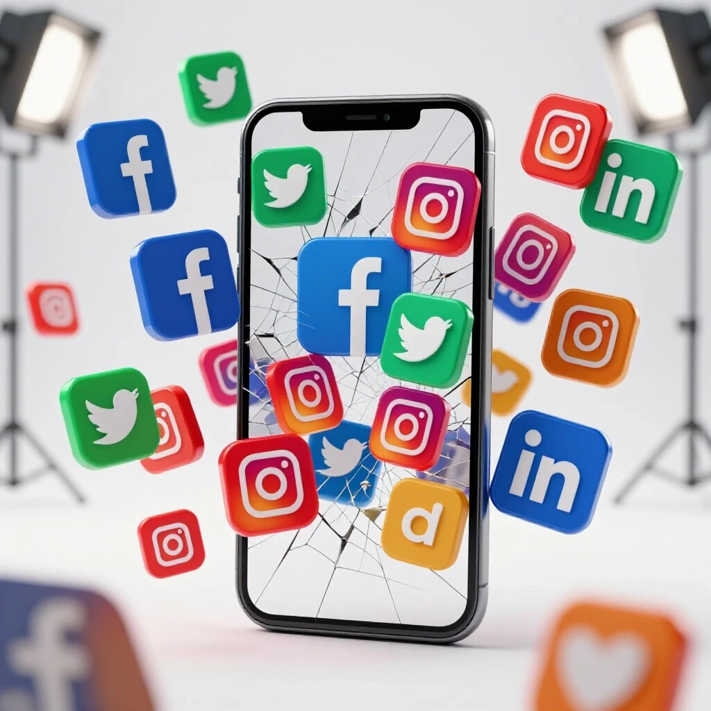 A cracked smartphone screen with vibrant social media icons emerging from fractures, symbolizing growth and rebuilding.