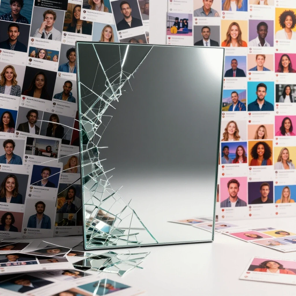 A shattered mirror reflecting chaotic and polished social media feeds, symbolizing reputation rebuilding.