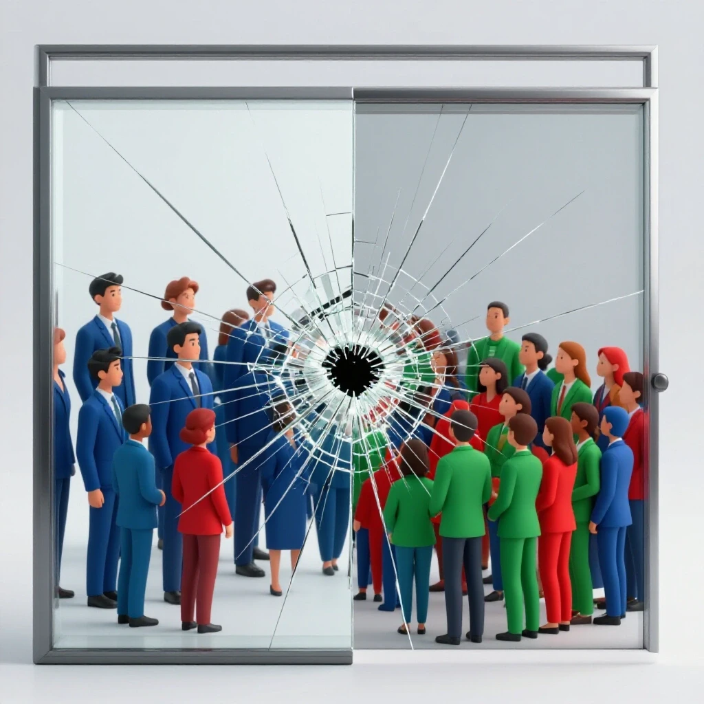 A cracked mirror reflecting diverse people on one side and a vibrant community on the other, symbolizing recovery from a survey failure.
