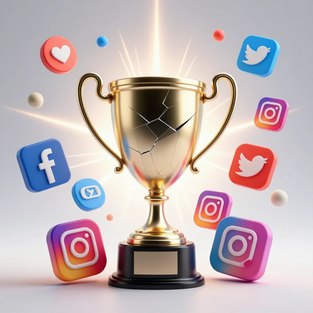 A shattered trophy surrounded by social media icons, with light rays symbolizing recovery and growth.