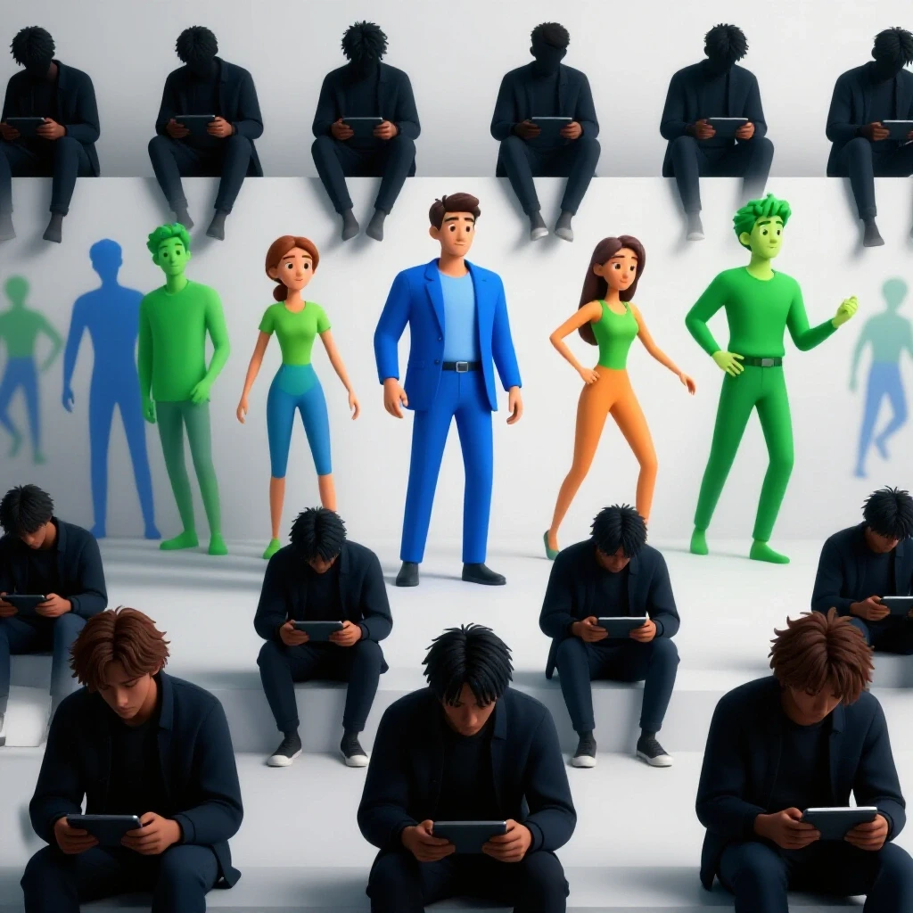 A striking contrast between shadowy silhouettes of fatigue and vibrant figures representing renewed engagement in social media.