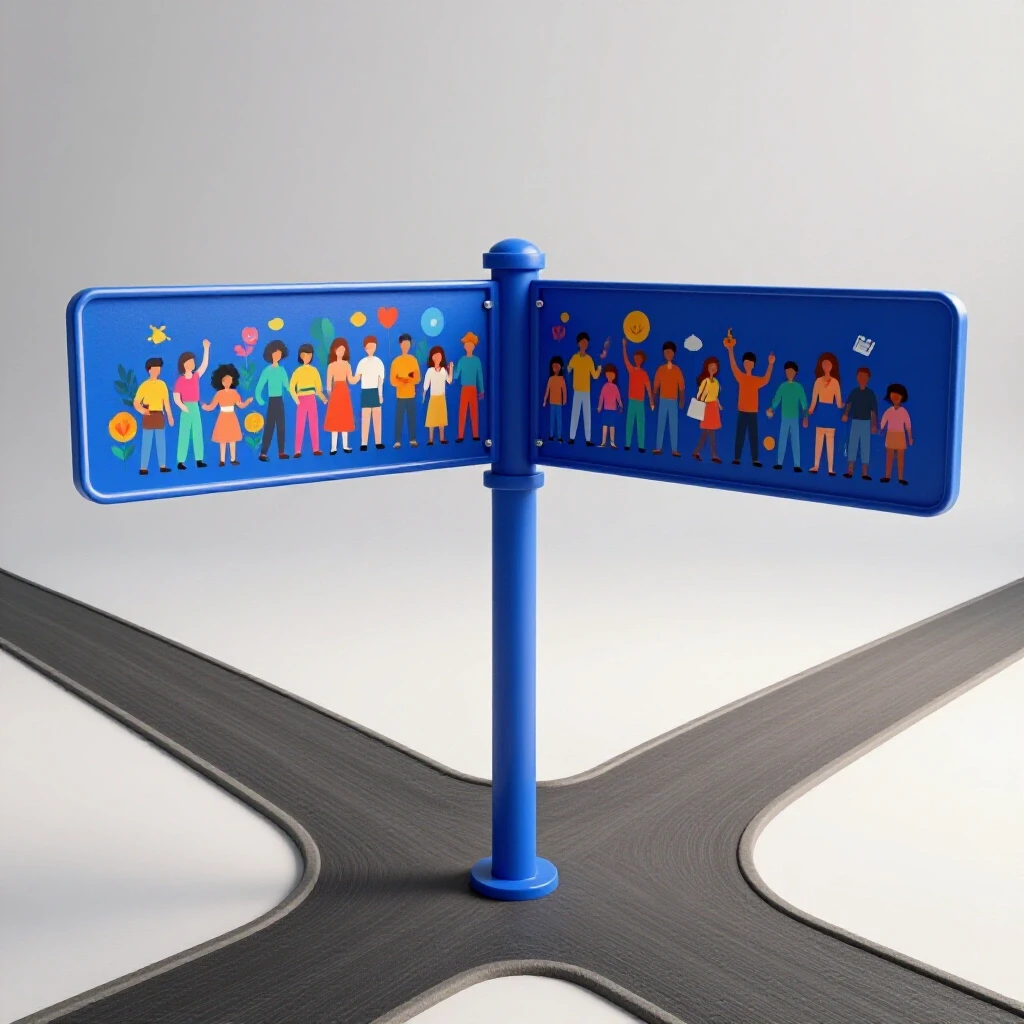 A vibrant crossroads signpost depicting one lively path towards a community and another desolate path in a bright studio setting.