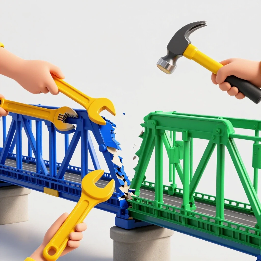 A vibrant 3D rendering of a broken bridge being repaired with bright tools symbolizing recovery from mistakes.