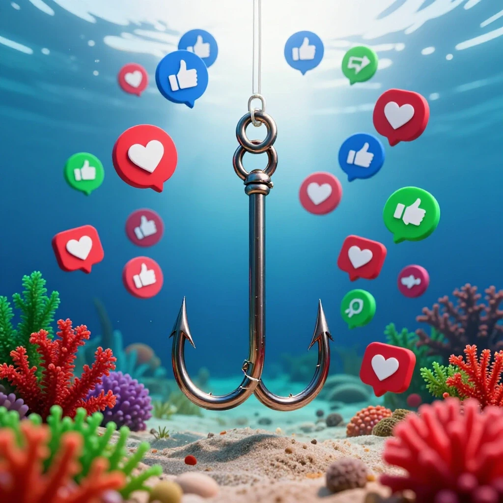 A broken fishing hook intertwined with vibrant social media icons rising from an underwater scene, symbolizing growth.