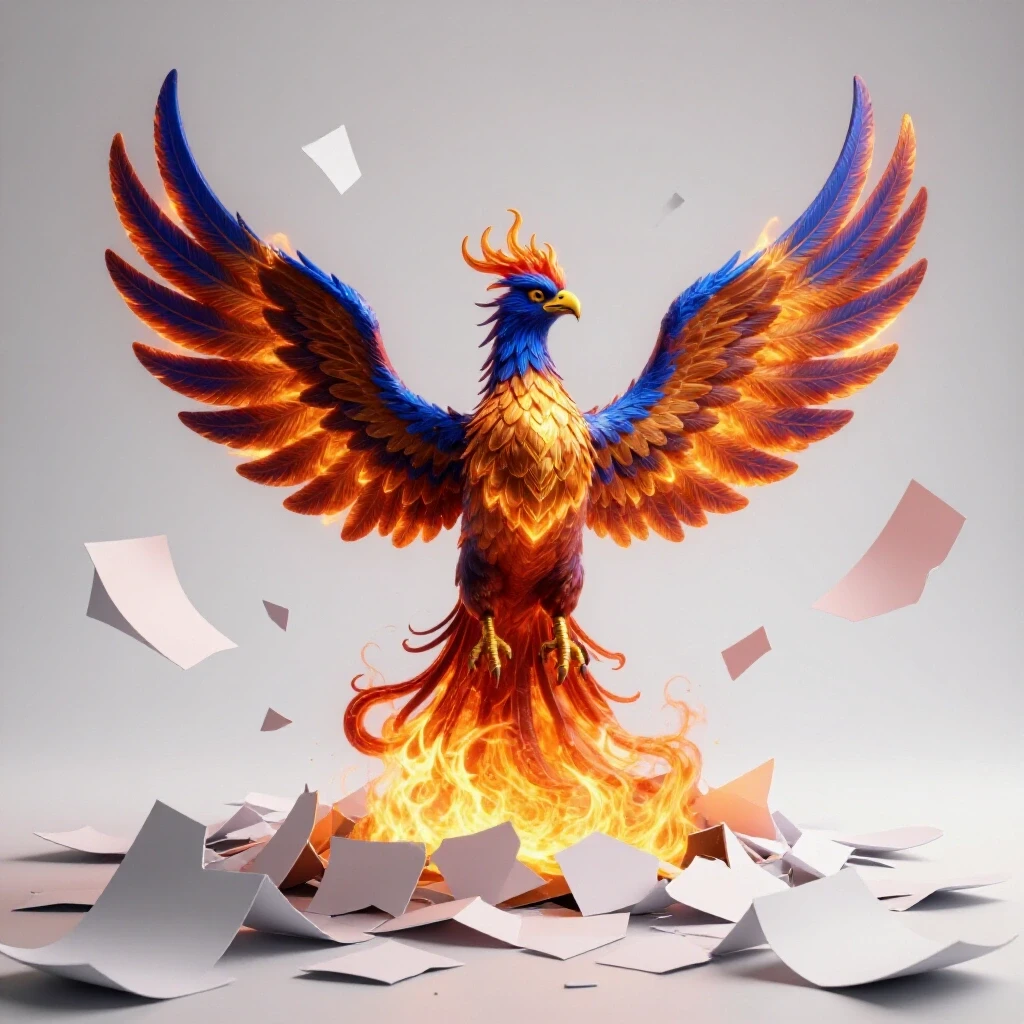 A phoenix rising from ashes, symbolizing recovery from content plagiarism chaos with fragmented paper background.