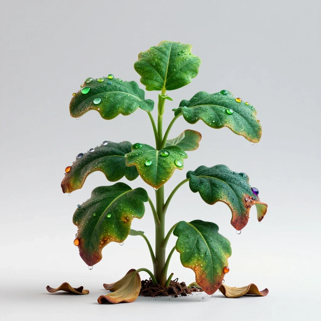 A wilting plant rejuvenated by colorful water droplets, symbolizing growth amidst a bright background.