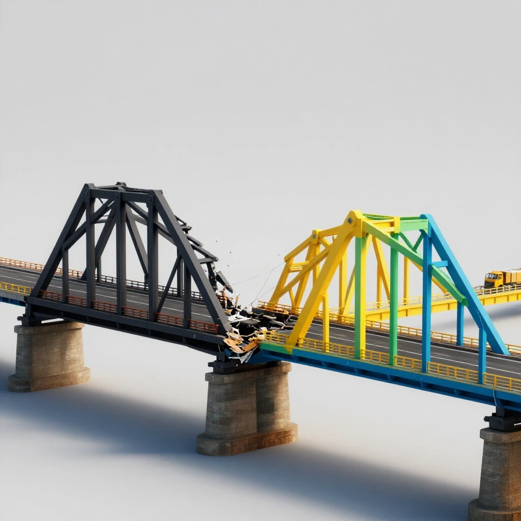 A 3D-rendered image of a broken bridge being repaired, symbolizing recovery in vivid contrasting colors.